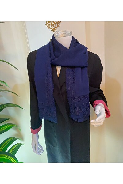 Veil Designer A navy blue voile headscarf with embroidery on three edges, mad...