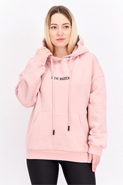 Steve Madden Women Hooded Long Sleeve Brand Logo Sweatshirt, Pink