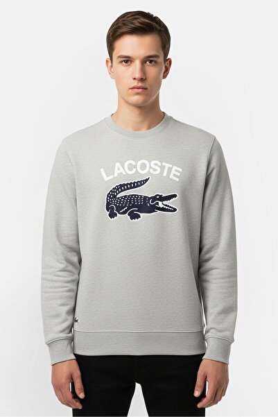 Lacoste Men Crew Neck Brand Logo Long Sleeve Sweatshirt, Light Grey