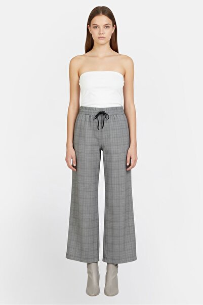 PROMOD Women Regular Fit Houndstooth Print Wide Leg Pants, Grey
