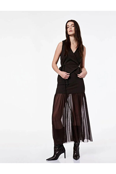 Koton V Neck Belted Double-Breasted Brown Women's Vest 6Wak30140Ek