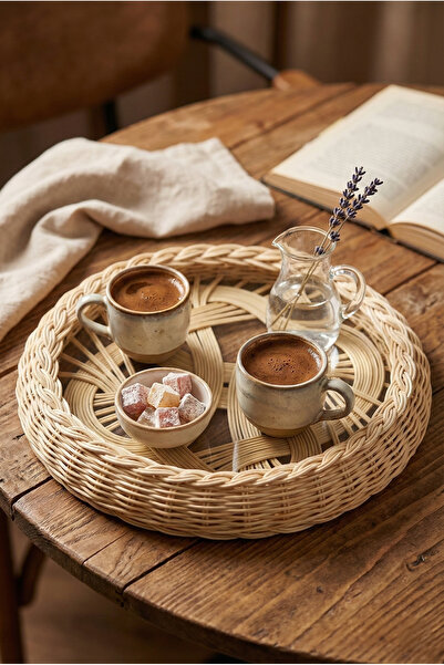 JUST BEST El Yapımı Rattan Camlı Yuvarlak Sunum Tepsisi 30cm - Dekoratif Hası...