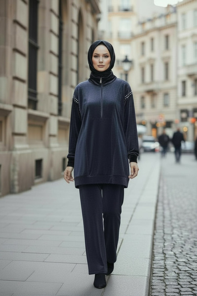 Moodbasic Stone Half-Zippered Velvet Suit