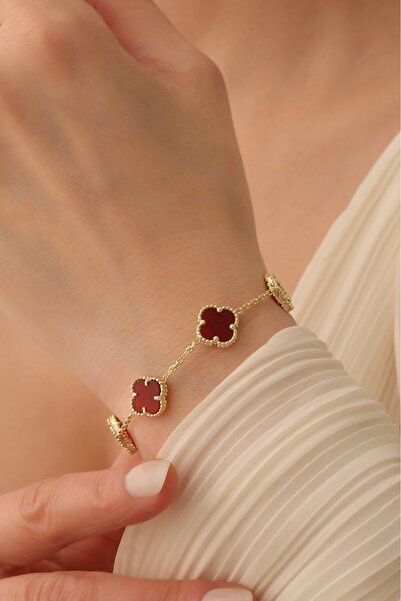 emy by emel luxury silver jewelry Altın Kaplama Bordo Taşlı Yonca Bileklik 92...