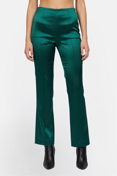 The Kooples Women Regular Fit Plain Emerald Satin Flare Pants, Dark Green