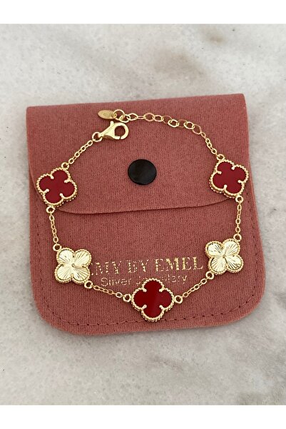 emy by emel luxury silver jewelry Altın Kaplama Kırmızı Taşlı Yonca Bileklik ...