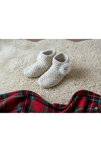 EVR PASAJ Bej El Örgüsü Kaymaz Tabanlı Ev Patiği-Panduf 38 Numara