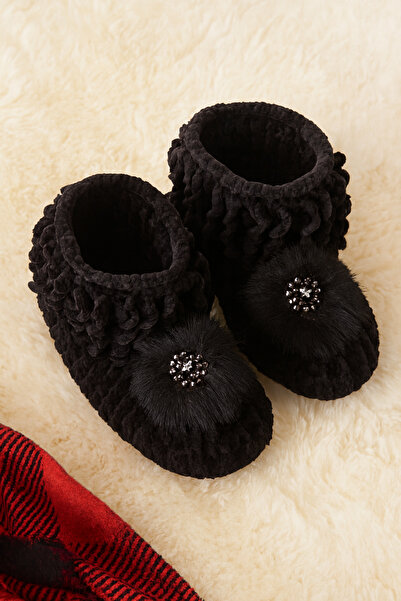 EVR PASAJ Siyah El Örgüsü Kaymaz Tabanlı Ev Patiği-Panduf 39 Numara