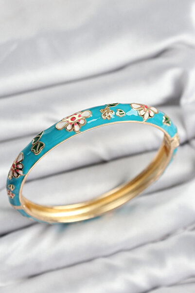 shopwave KRM Mineli Pirinç Mavi Çiçek Motifli Gold Kadın Kelepçe KRM