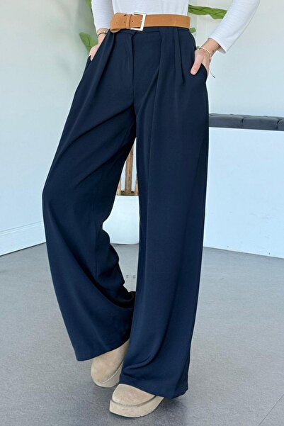 Hazamoda Taba Kmr Detailed Palazzo Pants Navy Blue