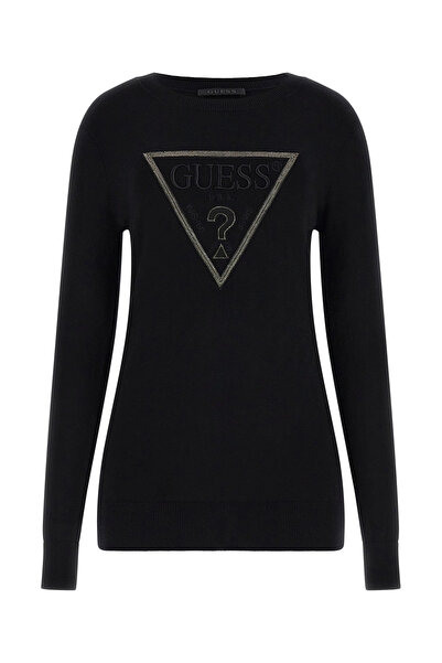 Guess Long Sleeve Crew Neck Sasha Triangle Logo Knitwear Women's Black Knitwe...