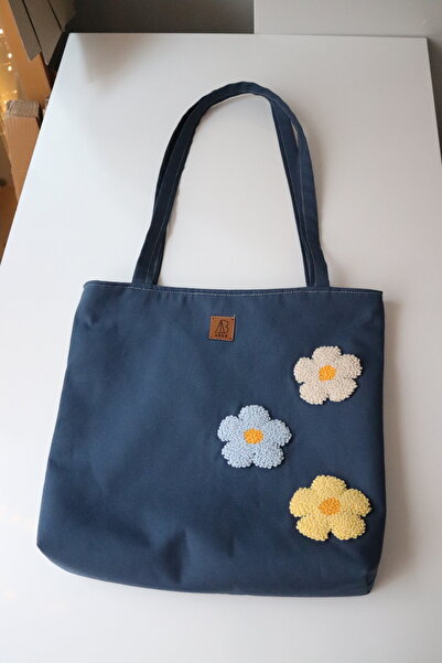 Tasarım Lacivert Çanta Punch Nakışlı El Emeği Kol Çantası | Su İtici Keten Kumaş