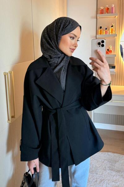 Hazamoda Kemerli Dökümlü Trenç Siyah