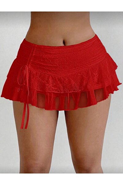 La Saade Cherry Kiss Sheer Mini Skirt – Red Lace Detailed Transparent Ruffled...