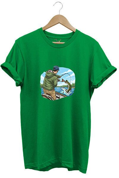WİDİ Hunting Fishing Angling on a Boat with a Rod Printed 100% Cotton Regular...