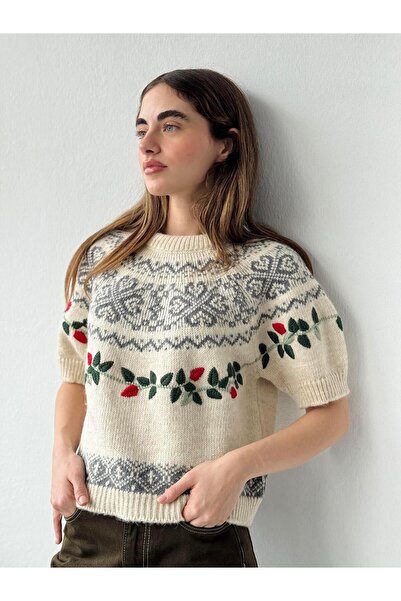 Retrobird Design Embroidered Knitwear Sweater Women's Light Cream
