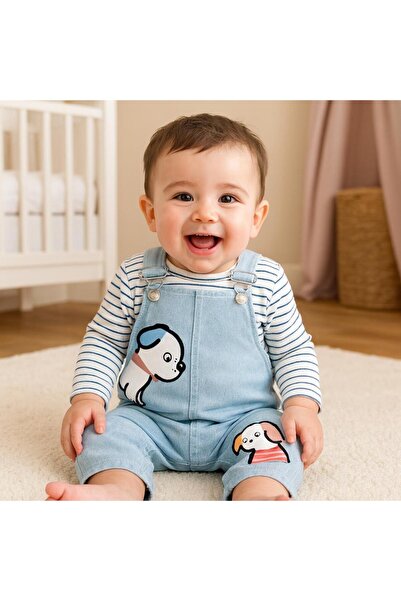 Alpbebe Dog Çizgili badili omuzdan çıtçıtlı cepli mevsimlik kot 2 parça salop...