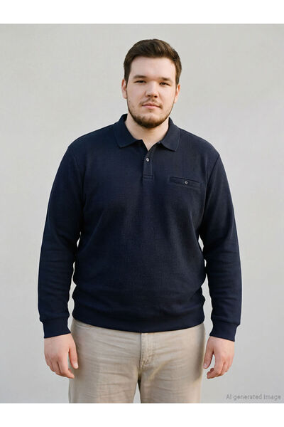 LC Waikiki Navy Blue Large Size Polo Collar Men's Sweatshirt