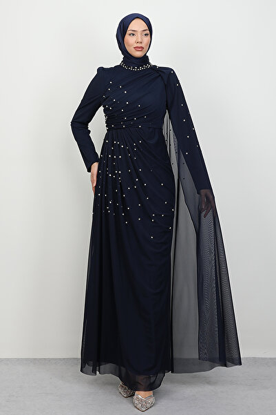 İlke Tulle Evening Dress Navy Blue