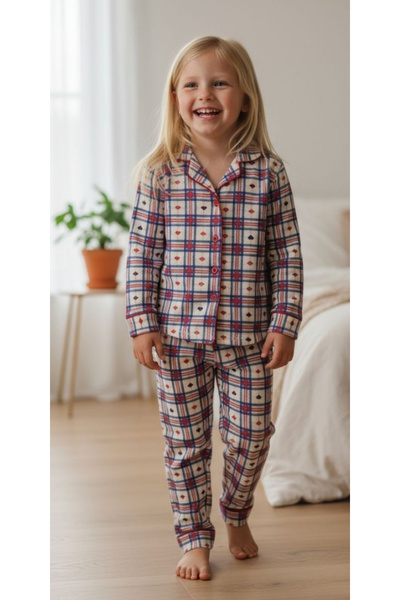 TEDİ Kare kalpli pamuk düğmeli kız çocuk pijama takımı