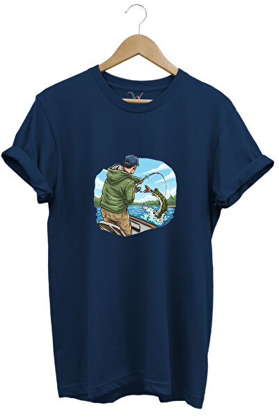 WİDİ Hunting Fishing Angling on a Boat with a Rod Printed 100% Cotton Regular...