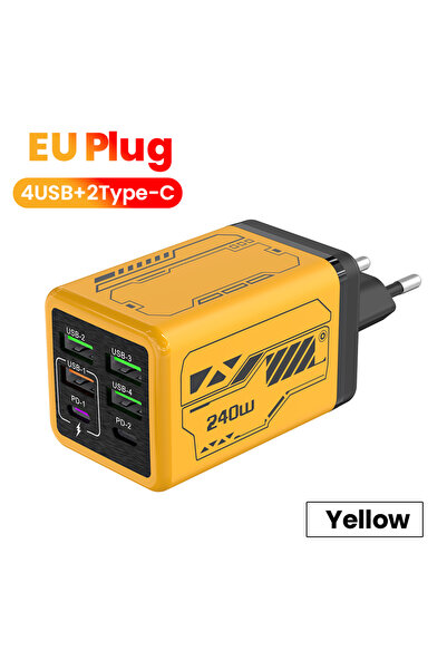 Choice EU Yellow 6 Ports USB C Charger Quick Charge 3.0 Type C USB Phone Char...