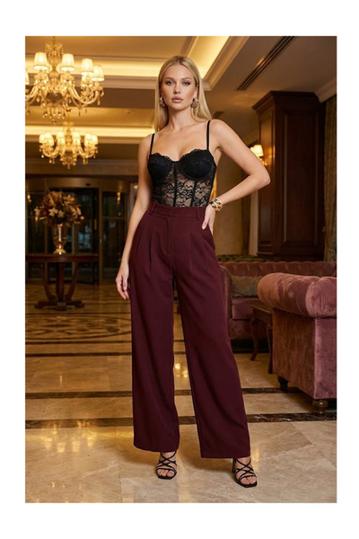 look design بلوزة نسائية بورجوندي مطوية مزدوجة بنطلون واسع الأرجل