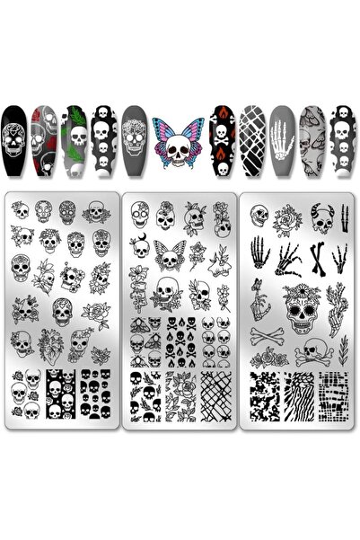 Choice AECH08-05086 طقم ختم أظافر بثلاث قطع بتصميم جمجمة قوطية، 58 نقشة، لوحة...