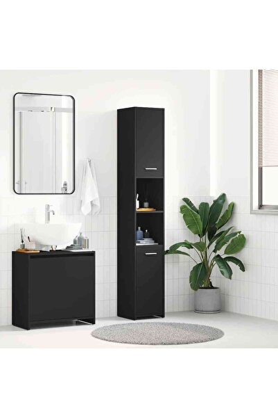 vidaxl خزانة حمام سوداء 30x30x183.5 سم من الخشب الهندسي