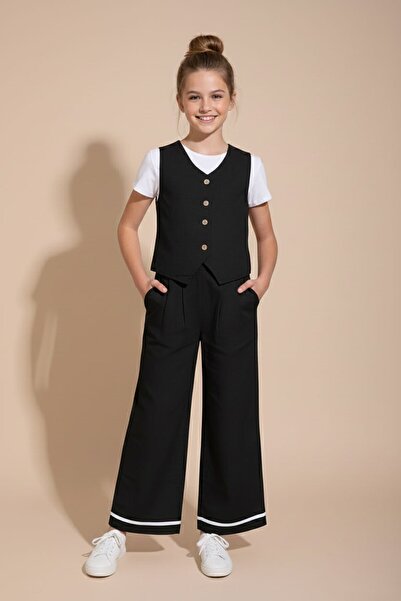 Cansın Mini طقم بناتي من الكتان الأسود بأزرار طقم فيست مع بنطلون واسع الساق 2...