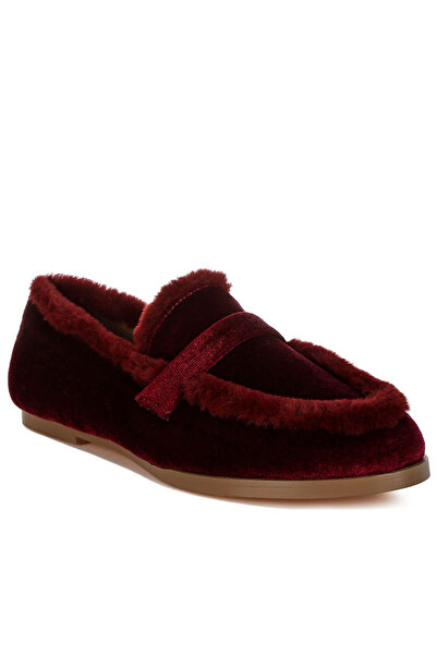london Rag Women Fur Detail Velvet Loafers in Burgundy