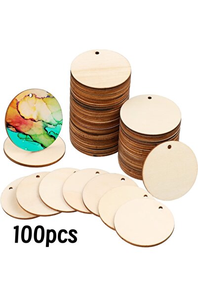 Choice1 ١٠٠ قطعة من دوائر خشبية غير مصقولة بقطر ٥ سم، مثقوبة، مناسبة للأعمال ...