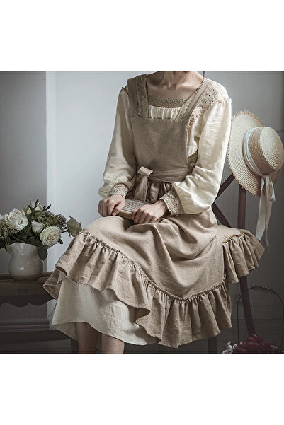 Choice B Flouncing Pinafore French Pastoral Florist Artsy Cotton Linen Vintag...