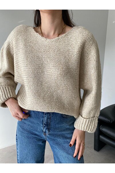 Bade Butik Beige Sleeve Folded Knit Sweater