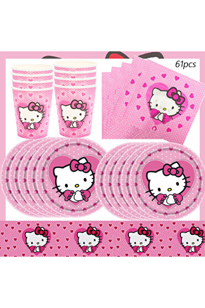 Miniso مجموعة لوازم حفلات هيلو كيتي مكونة من 61 قطعة، تشمل أطباقًا ومناديل وم...