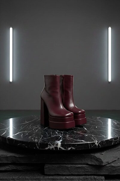 Tarz Topuklar Vegaaa Бургундски кожени дамски ботуши с квадратен връх, двойна...