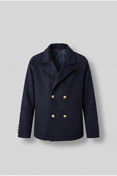 ablukaonline Men's Double-Breasted Collar Buttoned Short Cashmere Coat Navy Blue