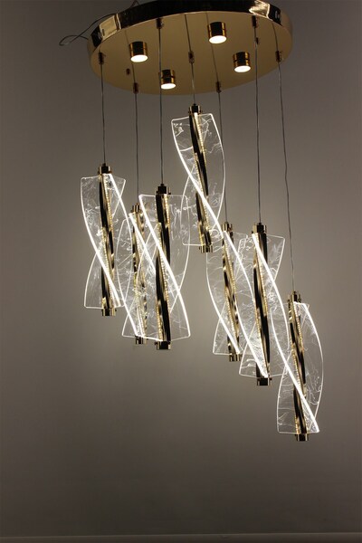 GN GEN AYDINLATMA Çemberli Serisi Lüks Gold Detaylı 3 Kanat Dumanlı 7 Sarkıtl...