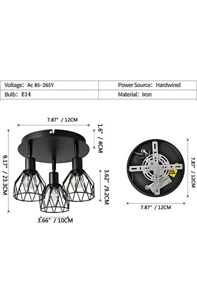 Choice مصباح سقف أمريكي أسود بدون لمبة، طراز صناعي، لغرفة المعيشة، المدخل، ال...