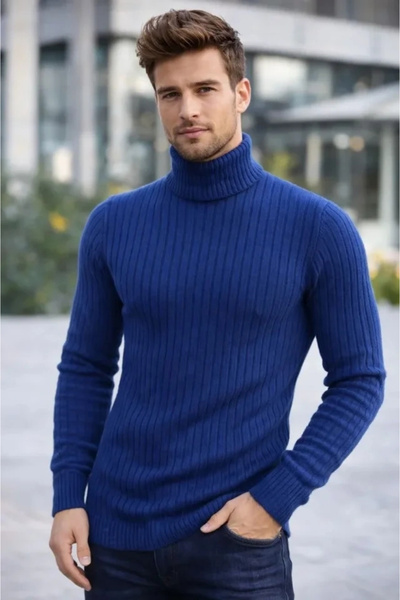 özssa Men's Turtleneck Knitted Sweater Cotton Thick Corded Fabric Weaving, Re...