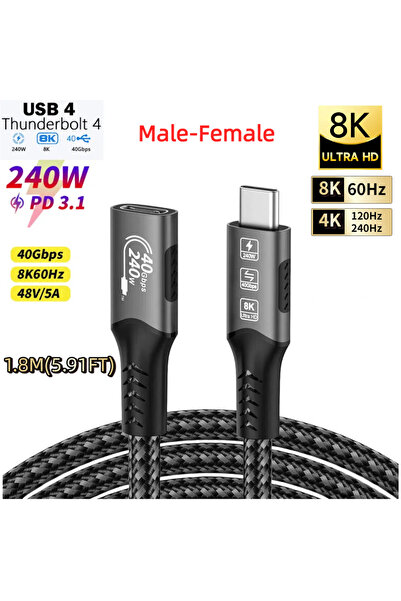 Choice كابل تمديد من النوع C بطول 1.8 متر بدقة 8K، يدعم الشحن السريع، مزود بم...
