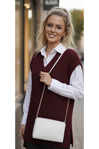 K-ODEA BUTİK Women's V-Neck Burgundy Knitwear Sweater