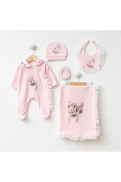 Eda Baby Ortanca Çiçekli Kadife %100 Pamuklu Yenidoğan Hastane Çıkış Seti Kız...