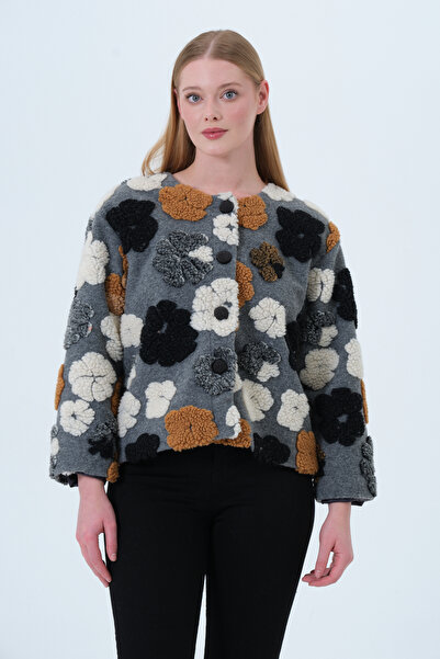 MSW Women's Floral Embossed Regular Fit Buttoned Lined Crew Neck Coat