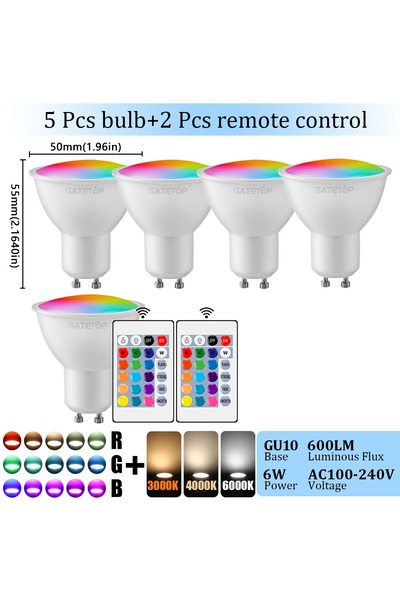 Choice AC100-240V RGB 4000K 5PCS 1-10PCS RGB GU10 LED Spotlight Bulb 24 Key R...