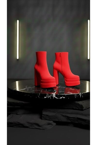 Tarz Topuklar Cizme de damă Vegaaa din piele intoarsa rosie cu varf patrat, c...