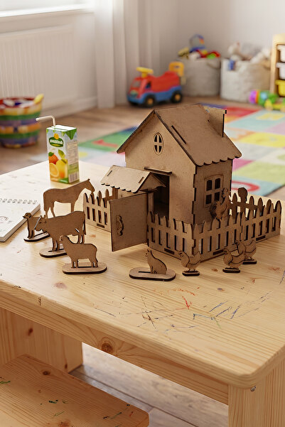 kutuTR Ahşap Boyanabilir Çiftlik Evi Oyun ve Boyama Seti – Hayvan Figürlü Eği...