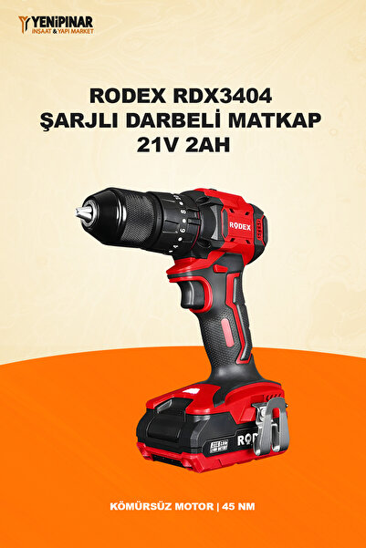 Rodex RDX3404 Şarjlı Darbeli Matkap | 21V 2Ah | Kömürsüz Motor | 45 Nm