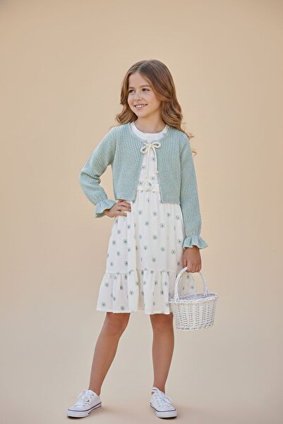 Cansın Mini Σετ φόρεμα για κορίτσια με πράσινο μπολερό και λουλουδάτο σχέδιο ...