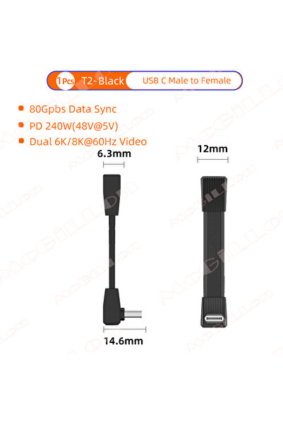 Choice كابل USB أسود بزاوية 90 درجة T2، طول 51 مم، يدعم الشحن السريع PD240 وا...